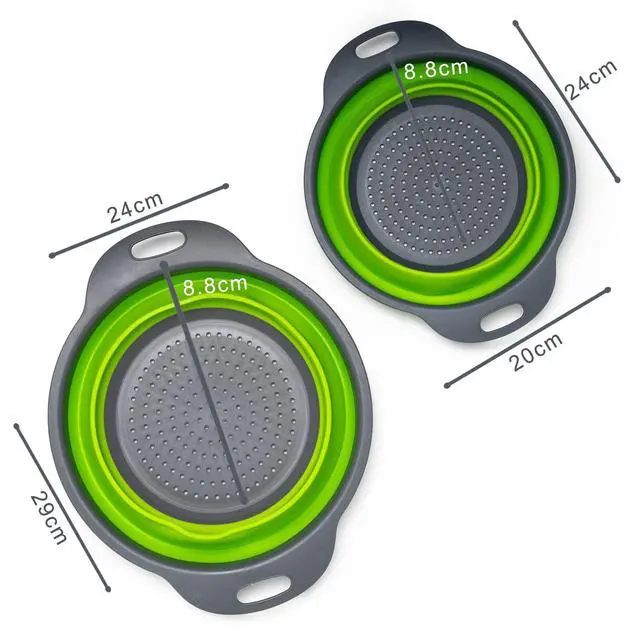 Alt view image 6 of 6 - Set of 2 Collapsible Colander made of Silicone, Food-Grade, Perfect for Draining Pasta, Vegetables and Fruits (Green)