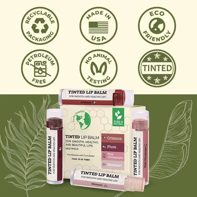 Alt view image 4 of 7 - Tinted Lip Balm 4 Pack of Assorted Colors - Beeswax, Coconut Oil, Cocoa Butter, Vitamin E - Moisturize and Beautify - Paraben Free | Organic Beeswax, Organic Coconut Oil Cocoa Butter, Vitamin E,