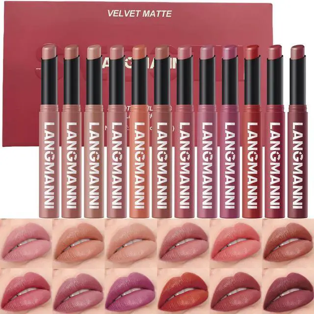 Main image of 12Pcs Velvet Matte Lipstick Set, Nude to Dark Shades, Long-Lasting,Color A | Highly pigmented matte color, smooth creamy glide, waterproof wear, nude-to-dark tones, ideal for daily makeup or gifting