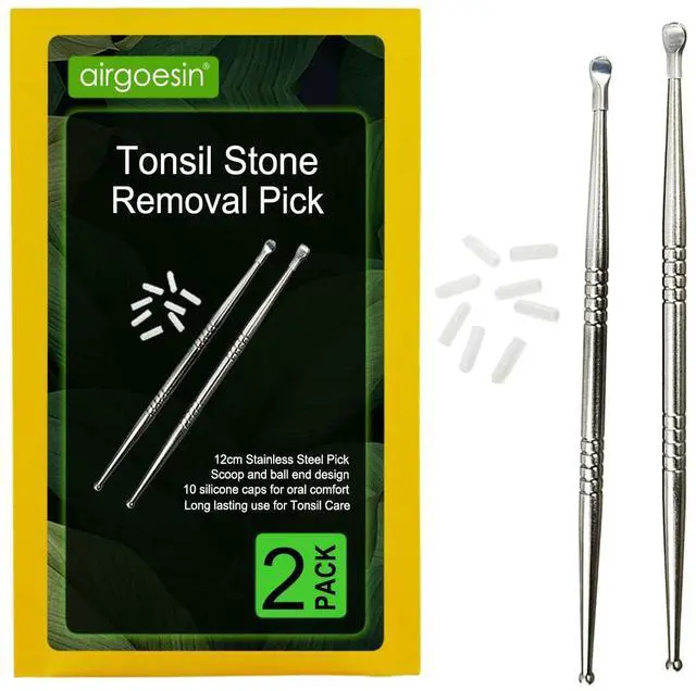 Main image of 2pcs Tonsil Stone Removal Picks, Oral Cleaning Tools with 10 Silicone Tips | 12cm picks with 10 soft silicone tips, dual-end design, multi-purpose for tonsil crypt cleaning and ear wax removal