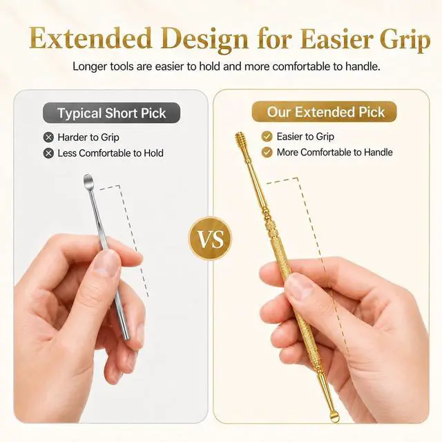 Alt view image 2 of 6 - 6 Pcs Extended Ear Wax Removal Kit,Professional Double-Headed Ear Pick Earwax Removal Tools,316L Stainless Steel Ear Cleaner Curette with Cleaning Brush and Storage Box,Suit for Kid Adult(Gold)