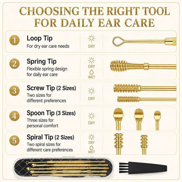 Alt view image 3 of 6 - 6 Pcs Extended Ear Wax Removal Kit,Professional Double-Headed Ear Pick Earwax Removal Tools,316L Stainless Steel Ear Cleaner Curette with Cleaning Brush and Storage Box,Suit for Kid Adult(Gold)