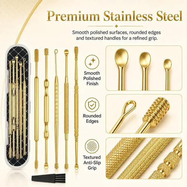 Alt view image 4 of 6 - 6 Pcs Extended Ear Wax Removal Kit,Professional Double-Headed Ear Pick Earwax Removal Tools,316L Stainless Steel Ear Cleaner Curette with Cleaning Brush and Storage Box,Suit for Kid Adult(Gold)
