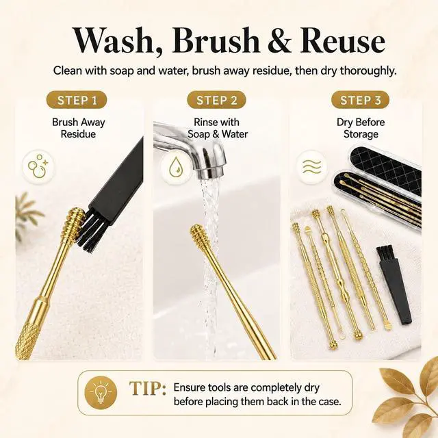 Alt view image 5 of 6 - 6 Pcs Extended Ear Wax Removal Kit,Professional Double-Headed Ear Pick Earwax Removal Tools,316L Stainless Steel Ear Cleaner Curette with Cleaning Brush and Storage Box,Suit for Kid Adult(Gold)