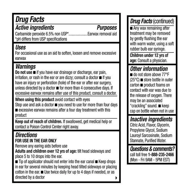 Alt view image 6 of 7 - Earwax Removal Drops, Carbamide Peroxide 6.5%, Made in USA, Twin Pack, 1 fl Ounce(Two 0.5 fl oz bottles)