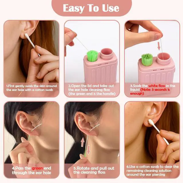Alt view image 5 of 7 - Ear Piercing Cleaner,Ear Piercing Cleaning Kit for Girls Women Men | Earring Hole Piercing Aftercare Cleaning Tool Set with 240pcs Disposable Ear Piercing Cleaner Floss,50pcs Cotton Swabs,Pink