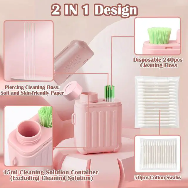 Alt view image 6 of 7 - Ear Piercing Cleaner,Ear Piercing Cleaning Kit for Girls Women Men | Earring Hole Piercing Aftercare Cleaning Tool Set with 240pcs Disposable Ear Piercing Cleaner Floss,50pcs Cotton Swabs,Pink