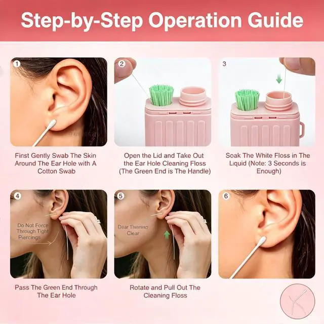 Alt view image 6 of 7 - Ear Piercing Cleaner Kit with 240pcs Disposable Ear Piercing Cleaner Floss, Skin-Friendly Paper Portable Piercing Aftercare System100 pcs Cotton Swabs for Men Women (Pink)