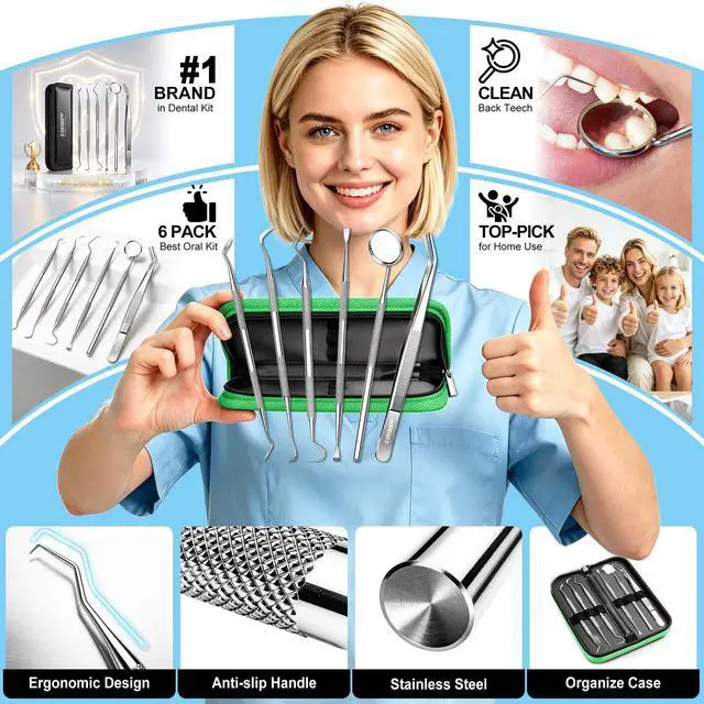 Alt view image 3 of 7 - Dental Pick Tools, Plaque Tartar Remover Teeth Cleaning Kit | Deep Cleaning, 6-in-1 Hygiene Kit, Comfort Grip, Stainless Steel, Dishwasher Safe, Easy for Home Use & Pet, Organized Case