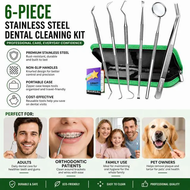 Alt view image 2 of 7 - Dental Pick Tools, Plaque Tartar Remover Teeth Cleaning Kit | Deep Cleaning, 6-in-1 Hygiene Kit, Comfort Grip, Stainless Steel, Dishwasher Safe, Easy for Home Use & Pet, Organized Case