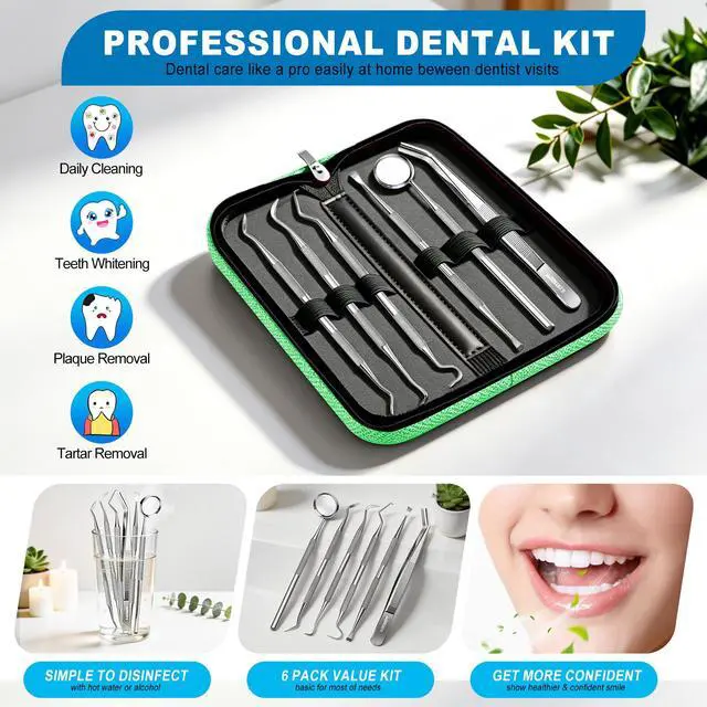 Alt view image 7 of 7 - Dental Pick Tools, Plaque Tartar Remover Teeth Cleaning Kit | Deep Cleaning, 6-in-1 Hygiene Kit, Comfort Grip, Stainless Steel, Dishwasher Safe, Easy for Home Use & Pet, Organized Case
