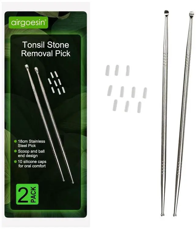 Main image of 2pcs 7" Tonsil Stone Remover Pick, Stainless Steel Oral Cleaner, 10 Caps | Long reach stainless steel pick, scoop + ball end design, 10 soft silicone caps for oral care. Easily regain fresh breath