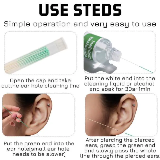 Alt view image 3 of 7 - 180 Pcs Ear Piercing Cleaner Floss Disposable Earring Piercing Hole Cleaner, Ear Piercing Care Cleaning Line Tool, Earring Hole Cleaner Floss Odor Removal Ear CareGreen