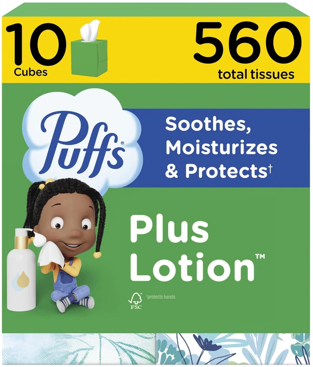 Main image of Facial Tissues Plus Lotion, 10 Cube Boxes, 56 Facial Tissues per Box, Allergies and Colds (Packaging May Vary)
