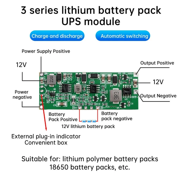 Alt view image 2 of 3 - 3S Lithium Pack UPS Module Uninterruptible Power Supply Board Side Charging Discharging Automatic Switch 12V 3A 24W 36W