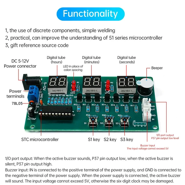 Alt view image 3 of 3 - Six Digit Red Display Digital Clock Module DC 5-12V Electronic Kit 51 Microcontroller Welding Practice DIY Spare Parts
