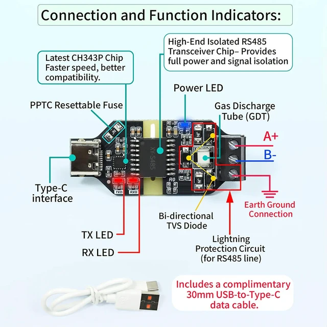 Alt view image 3 of 3 - CH343P High Speed USB to RS485 Isolated Converter 6MBPS Anti Interference Serial Port Module With 16KV Isolation Dustproof TypeC
