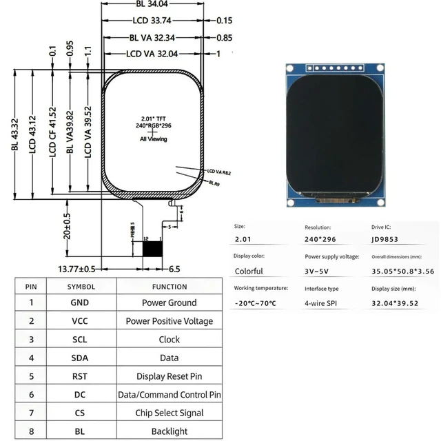 Alt view image 3 of 3 - 2.01 Inch TFT LCD Display Module, 240×296 IPS Color Screen, 8 Pin 4-Wire SPI Serial LCD Module