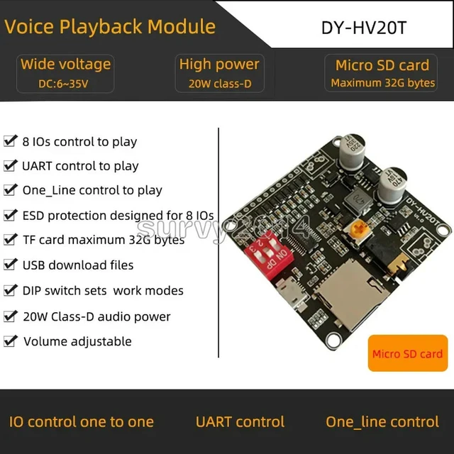 Alt view image 2 of 3 - DY-HV20T 12V/24V power supply10W/20W Voice playback module supporting Micro SD card MP3 music player for