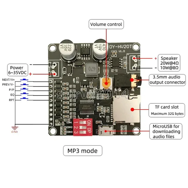 Alt view image 3 of 3 - DY-HV20T 12V/24V power supply10W/20W Voice playback module supporting Micro SD card MP3 music player for