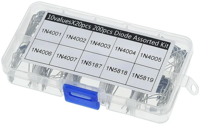 Main image of 200Pcs Rectifier Diode Assorted Kit 1N5817 1N5818 1N5819 10 Values Assorted Rectifier Diodes with Box 1N4004 1N4005 1N4006 5V
