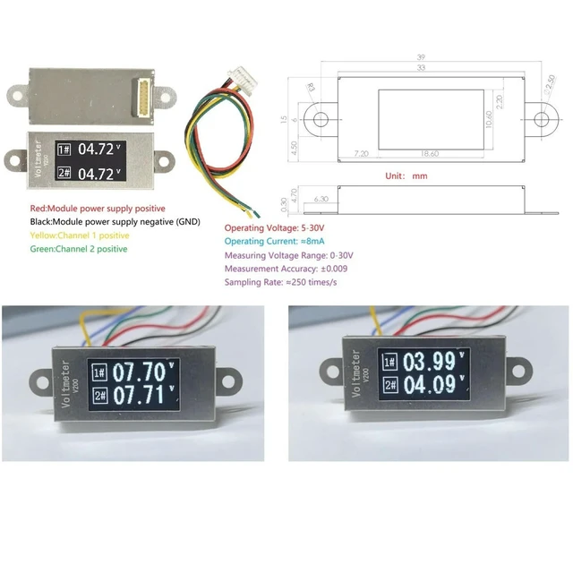 Alt view image 2 of 3 - DualChannel OLED Digital Voltmeter, DC 030V High Precision Voltage Measuring Module, ±0.009 Accuracy, 530V Powered