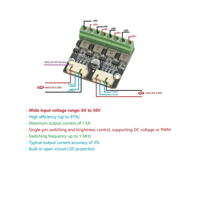 Alt view image 3 of 6 - 4Channel PT4115E LED Constant Current Driver Board, DC 650V Input PWM Dimming LED Drive Module, 4 Independent Channels
