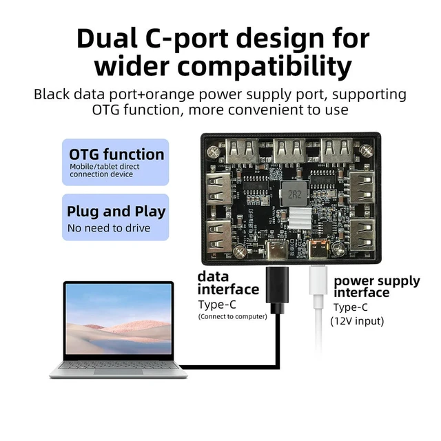 Alt view image 2 of 3 - 1 to 7 Port USB 2.0 Hub USB Expansion Module With Power Supply Rechargeable Type C Power Supply Port Extender