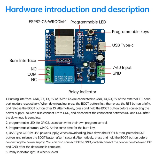 Alt view image 3 of 3 - ESP32-C6 BT Development Board Module DC 5-60V Single Relay Module Onboard Type C Interface Switch Module