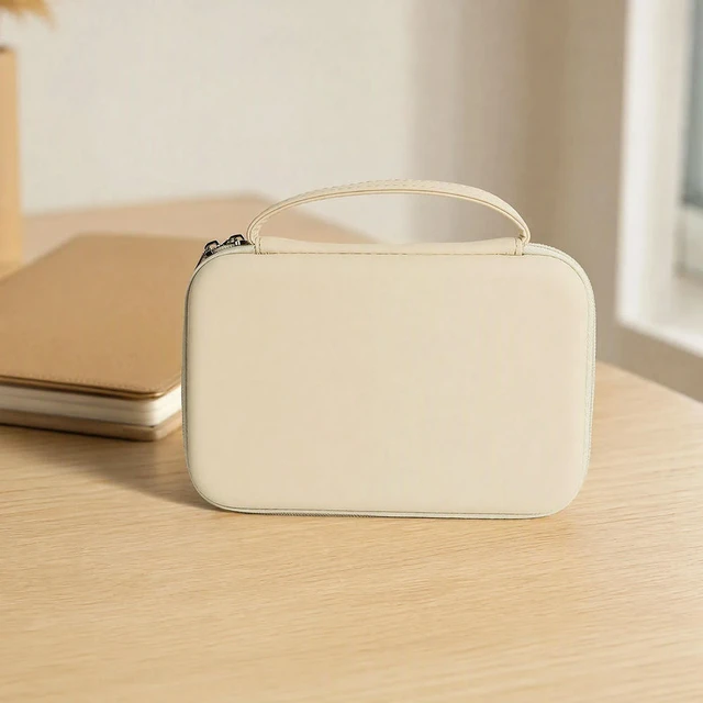 Alt view image 2 of 6 - Hard Shell Digital Organizer for Mini M4 PU Leather Adjustable Dividers Mesh Zipper Beige