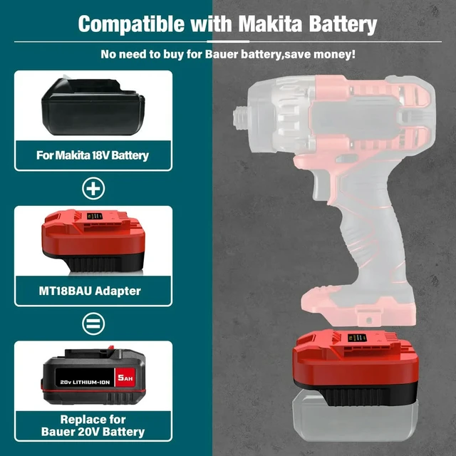 Alt view image 2 of 6 - MT18BAU Converter for Bauer 20v Tools, Adapter for Makita 18v Li-ion Convert To for Bauer 20v Li-ion Power Drill