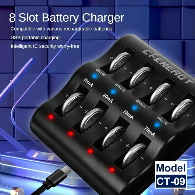 Alt view image 3 of 6 - 8 Slot Charger for 1220 1240 1620 1632 2032 2025 2016 2430 2440 2450 2477 Li-Ion Coin Cell Batteries, Charger