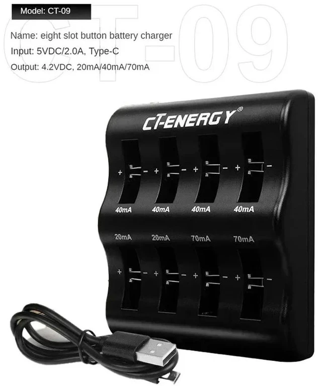 Main image of 8 Slot Charger for 1220 1240 1620 1632 2032 2025 2016 2430 2440 2450 2477 Li-Ion Coin Cell Batteries, Charger