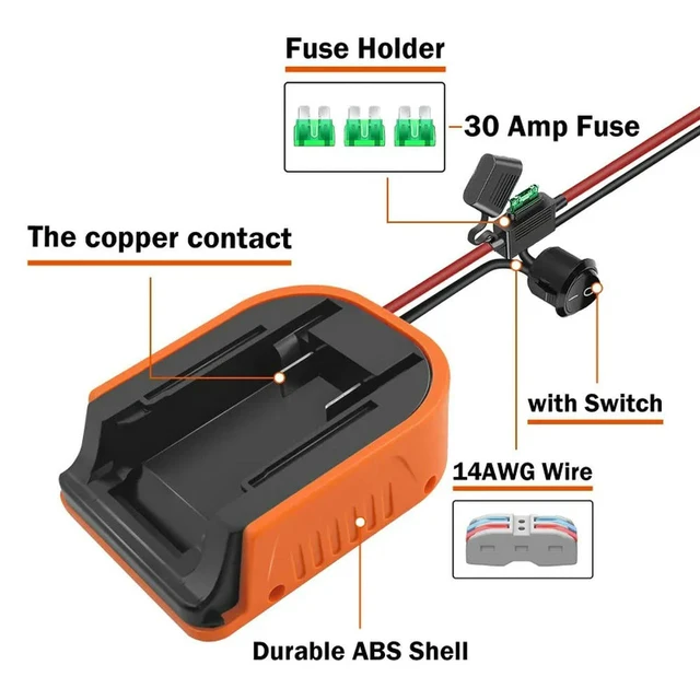 Alt view image 3 of 3 - Power Wheel Adapter for DIY Remote-controlled Toy Cars with Fuse and 14 AWG Wire for Black&Decker 20V Lithium Batteries