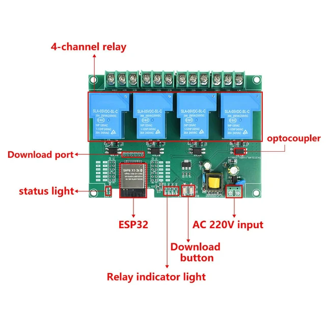 Alt view image 3 of 6 - 30A BT 4 Way Relay Module Onboard ESP32E Module Relay Module Supports Secondary Development AC 220V