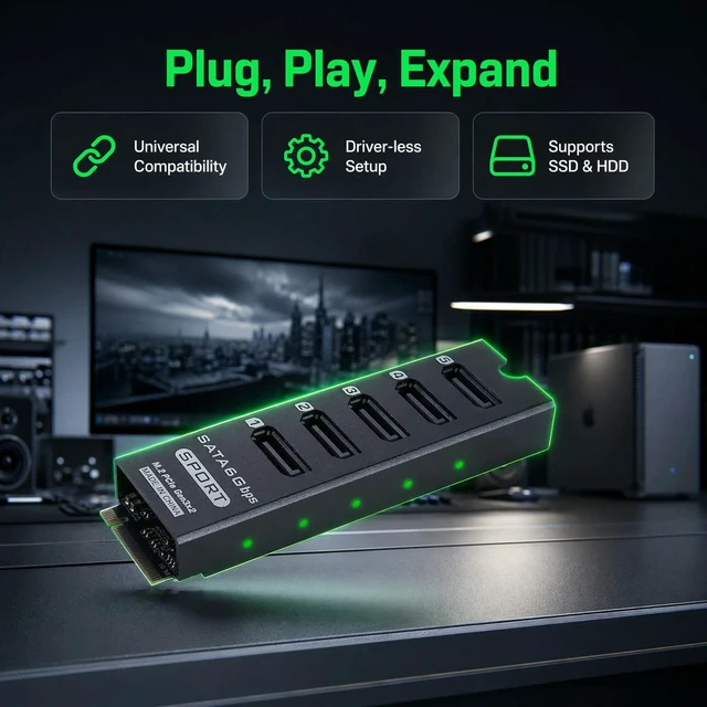 Alt view image 3 of 3 - M.2 PCIe to SATA 5-Port Expansion Card JMB585 with Port Multiplier Support Aluminum Shell for PC