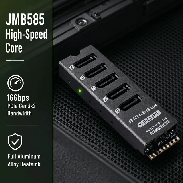 Alt view image 2 of 3 - M.2 PCIe to SATA 5-Port Expansion Card JMB585 with Port Multiplier Support Aluminum Shell for PC