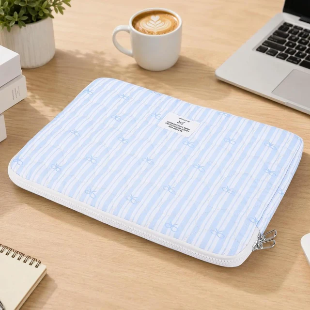 Main image of Quilted Striped Bow Computer Laptop Bag 11 13 14 15 Inch Padded Tablet Sleeve Pouch Korean Trendy Girls