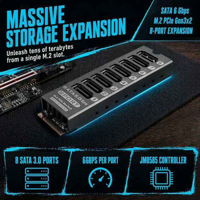 Alt view image 3 of 3 - M.2 M-Key to 8 SATA 6Gbps Port Expansion Card PCIe 3.0 X2 16Gbps Bandwidth NVMe NAS Server
