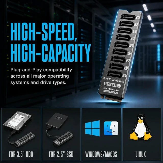 Main image of M.2 M-Key to 8 SATA 6Gbps Port Expansion Card PCIe 3.0 X2 16Gbps Bandwidth NVMe NAS Server