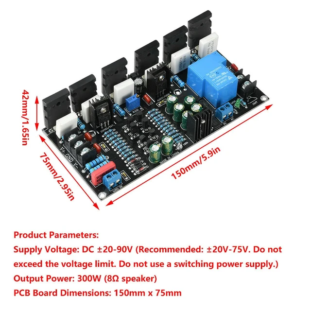 Alt view image 3 of 3 - 300W Mono Power Amplifier 1943+5200 Hifi High-Power Audio Amplifier Board With Speaker Protection DC 20V-90V