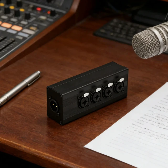 Alt view image 2 of 6 - XLR 1 Male To 4-Way Female Audio Splitter Converter Box 3 Pin 4 Input 1 Output Audio Signal Box for Microphone DMX Mixer Speaker