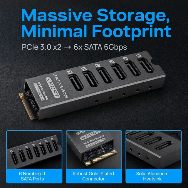 Alt view image 3 of 6 - PCIe 3.0 to SATA 6Gbps 6-Port NAS Expansion Card ASM1166 HDD SSD Controller PM Support Aluminum Alloy Adapter