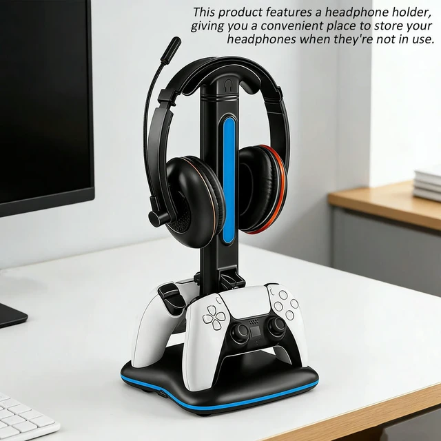 Alt view image 3 of 3 - Dual Controller Charger Station Gaming Headphone Holder Charger Stand Game Accessories Compatible for 5 Gamepad