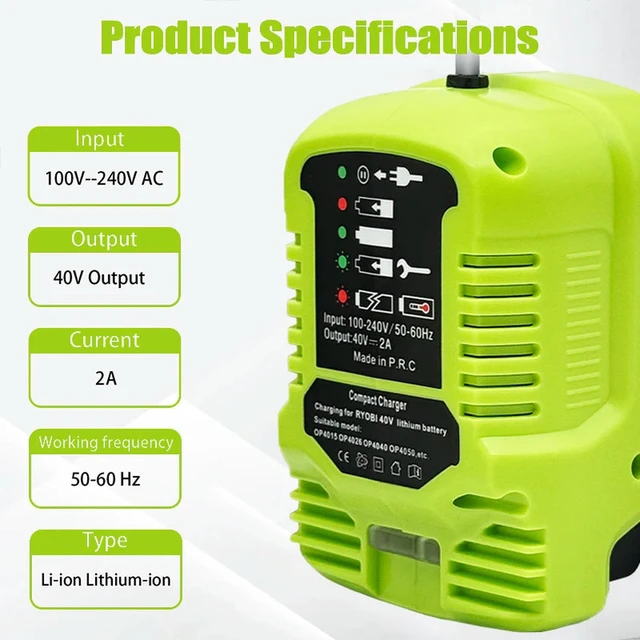 Alt view image 2 of 3 - Li-ion Charger Suitable for Ryobi 40V OP4015,OP4026 Li-ion Batteries Compact Charger with LED Indicator US Plug