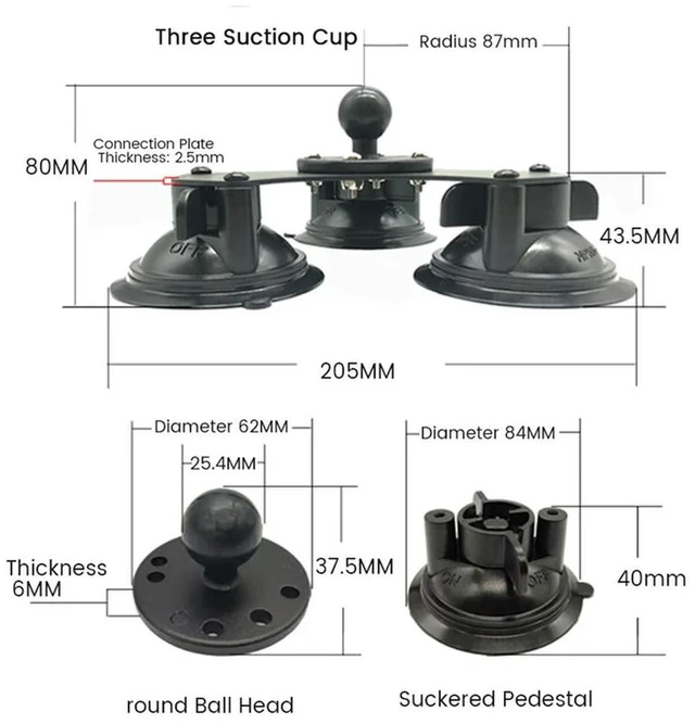 Main image of Ballhead Car Window Twist-Lock Triple Suction Cup Base With AMPS Hole Ball Mount For Gopro Camera phone