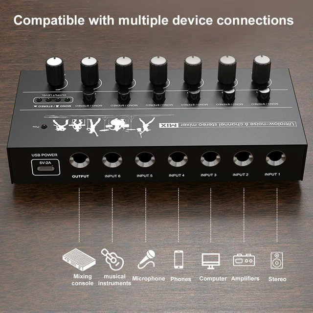 Main image of 6-Channel Mini Audio Mixer DC 5V Line Mixer Easy Operation Stereo Mixer for Guitars Bass Keyboards and Stage Mixing