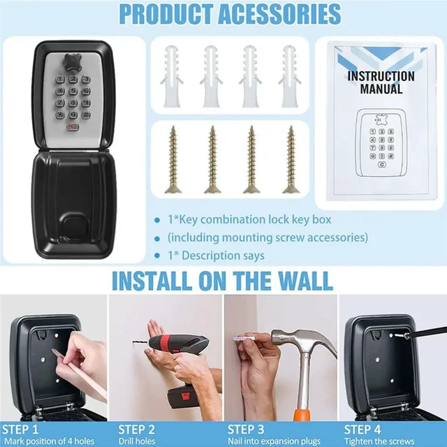 Alt view image 3 of 3 - Key Lock Box Outdoor Home Key Organizer No Key Needed, Weatherproof Security Key With Secret Code Combination Wall Mount