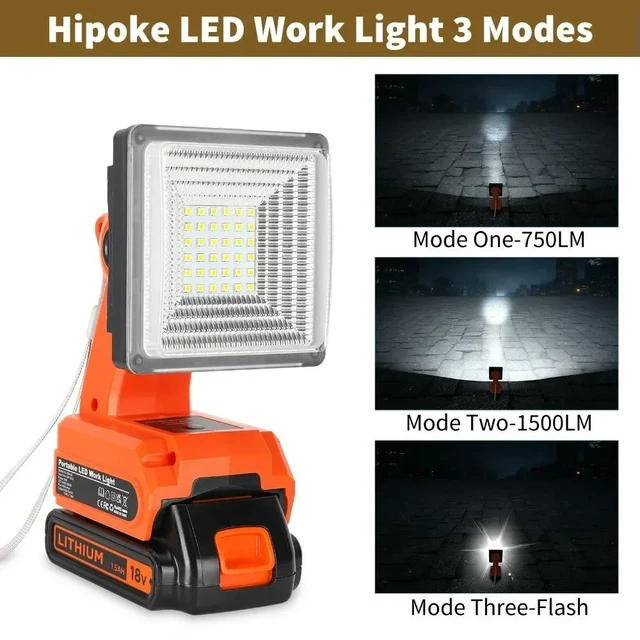 Alt view image 2 of 3 - Rechargeable Camping Light for Black&Decker 20V Batteries LED Work Light with Quick Charge Port for Indoor Outdoor Use