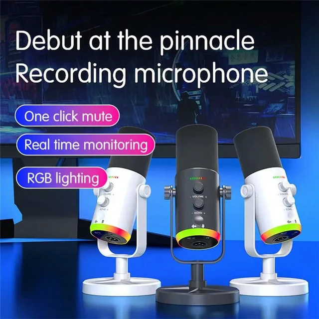 Alt view image 3 of 6 - RGB Gaming Microphone USB Dynamic Computer Condenser MIC For Podcast Live Streaming Gaming White